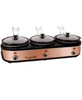 MegaChef Triple 2.5 Quart Slow Cooker and Buffet Server in Brushed Copper and Black Finish with 3 Ceramic Cooking Pots and Removable Lid Rests