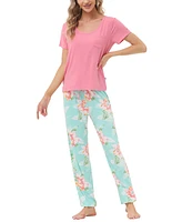 Echo Women's Short Sleeve Pocket T-Shirt with Printed Jogger Pants 2 Piece Pajama Set