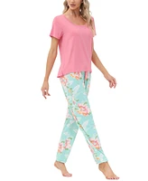 Echo Women's Short Sleeve Pocket T-Shirt with Printed Jogger Pants 2 Piece Pajama Set