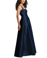 Alfred Sung Women's Boned Corset Closed-Back Satin Gown with Full Skirt and Pockets