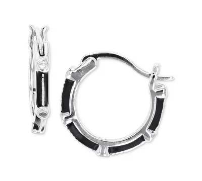 Black Enamel Segmented Small Hoop Earrings in Sterling Silver, 0.55"