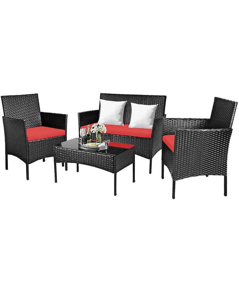 Costway 4PCS Patio Rattan Cushioned Sofa Coffee Table Backyard Porch