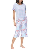Ink+Ivy Women's Solid Short Sleeve T-shirt with Printed Capri 2 Piece Pajama Set