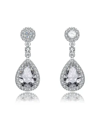Genevive Sterling Silver White gold Plated Pear Drop Cubic Zirconia with Circle Post Earrings