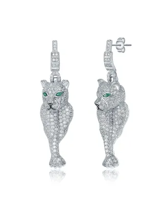 Genevive White Gold Plated with Green Eyes & Cubic Zirconia Panther Dangle Earrings in Sterling SIlver