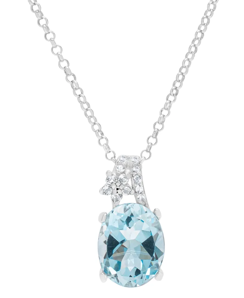 Lab-Grown Aquamarine (2-1/4 ct. t.w.) & Lab-Grown White Sapphire (1/20 ct. t.w.) Oval 18" Pendant Necklace in Sterling Silver