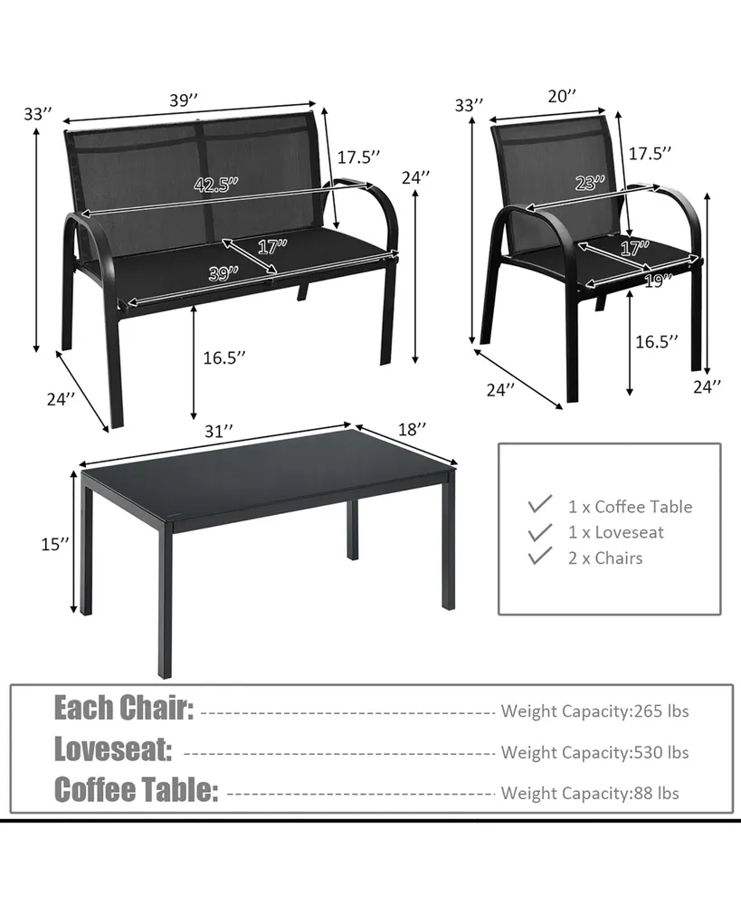 4 Pcs Patio Furniture Set Sofa Coffee Table Steel Frame Garden Deck