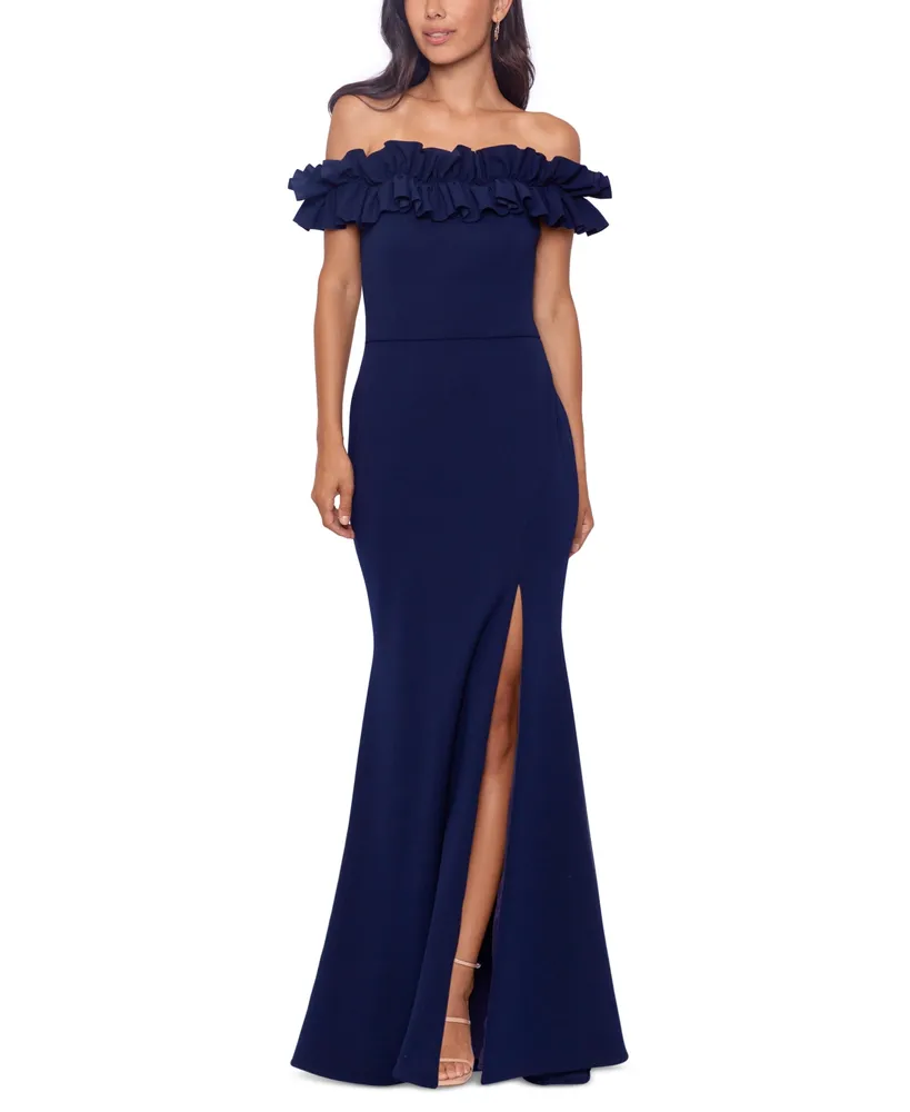 Xscape 3D Ruffle Off-the-Shoulder Ruffle Front Ruched Detail Midi Dress