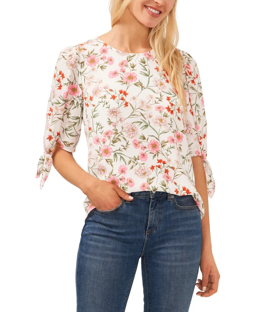 CeCe Women's Floral-Print Tie 3/4-Sleeve Crew Neck Blouse