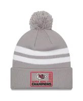 Men's New Era Gray Kansas City Chiefs Super Bowl Lvii Champions Top Stripe Cuffed Pom Knit Hat