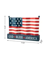 Glitzhome 14" L Metal Patriotic, Americana Flag with Wooden Base Table Decor