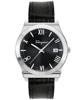 Salvatore Ferragamo Men's Swiss Gancini Black Leather Strap Watch 41mm