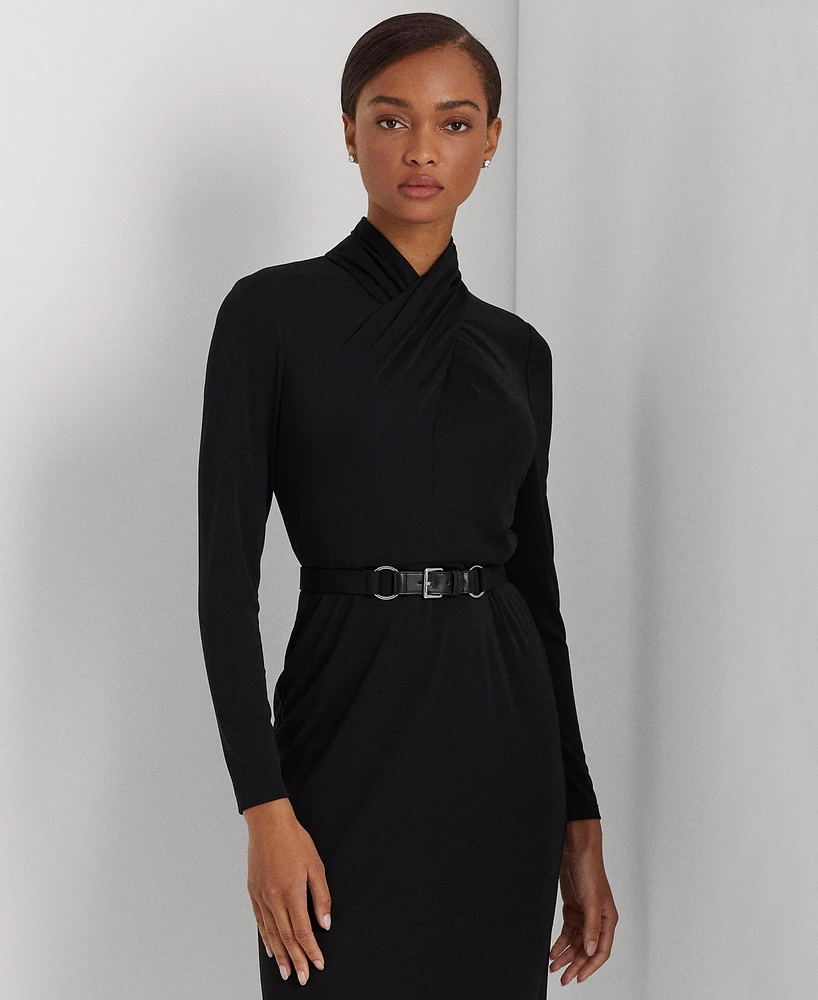 Lauren Ralph Women's Belted Mockneck Long-Sleeve Stretch Jersey Dress