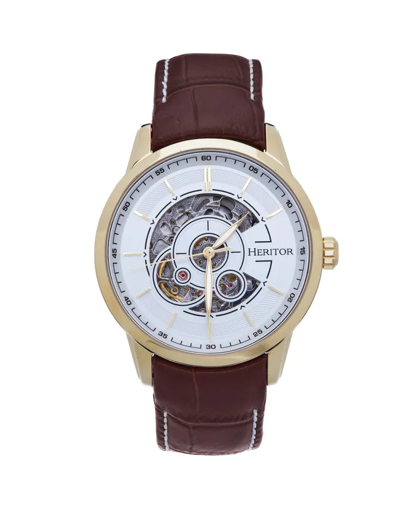 Heritor Automatic Men Davies Leather Watch - Gold/Brown, 44mm