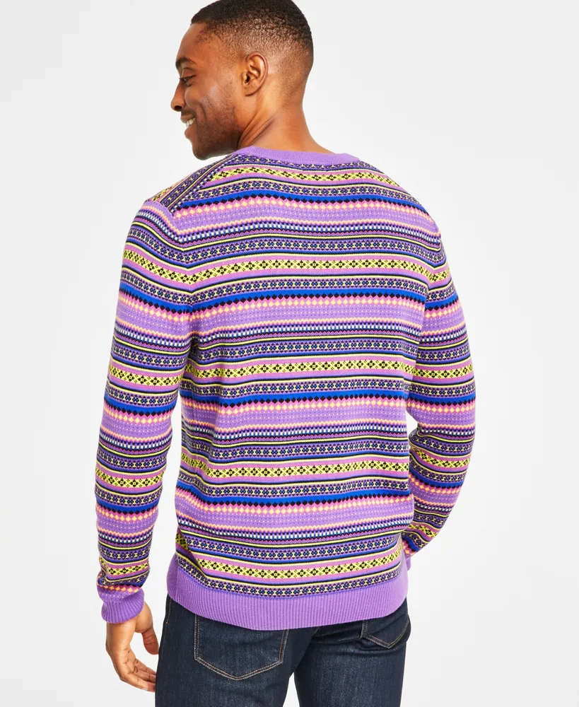 Holiday Lane Men's Bright Stripe Fair Isle Sweater, Created for Macy's