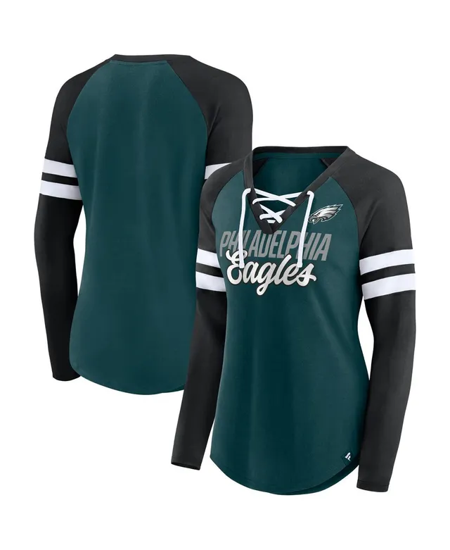 Women's Fanatics Branded Midnight Green/Black Philadelphia Eagles Plus Size  True to Form Lace-Up V-Neck Raglan Long Sleeve T-Shirt