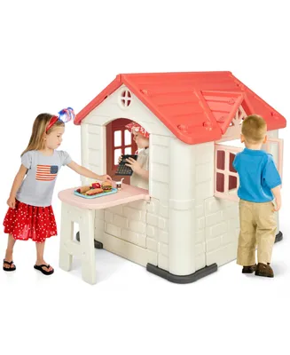 Costway Kid's Playhouse Games Cottage w/ 7 Pcs Toy Set & Waterproof Cover