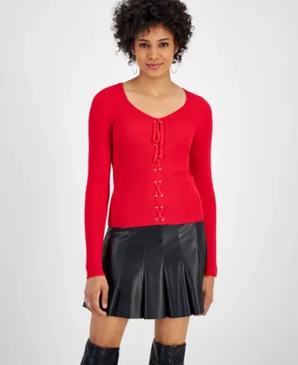 Bar Iii Women's Lace-Up Ribbed Sweater, Created for Macy's