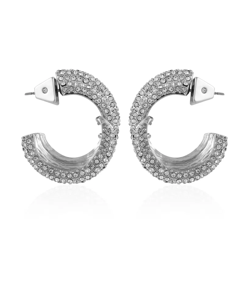 Vince Camuto Silver-Tone Chunky Pave Glass Stone Open Hoop Earrings