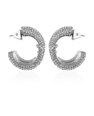 Vince Camuto Silver-Tone Chunky Pave Glass Stone Open Hoop Earrings