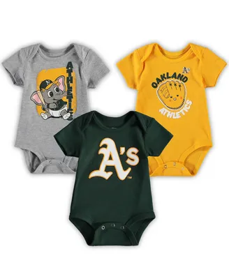 Infant Boys and Girls Green, Heathered Gray, Gold Oakland Athletics Change Up 3-Pack Bodysuit Set