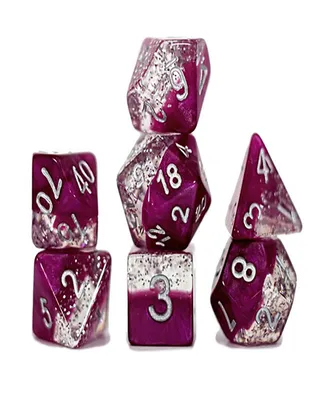 Gatekeeper Games, Halfsies Dice Glitter Edition Wine 7 Piece Rpg Dice Set, Roleplaying, Comes in Plastic Dice Keeper, Wine Fine Silver Glitter, 2 Tone