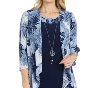 R & M Richards Women's Flyaway-Airbrush Puff-Print Jacket Necklace Dress