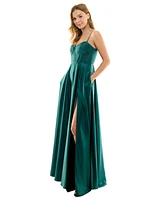 B Darlin Juniors' Pleated-Bodice High-Slit Evening Gown