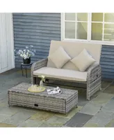 Outsunny Patio Wicker Loveseat Sofa Set, Outdoor Pe Rattan Garden Assembled Sun Lounger Daybed Furniture, w/ Storage Ottoman & Side Tables/ Drink Tray
