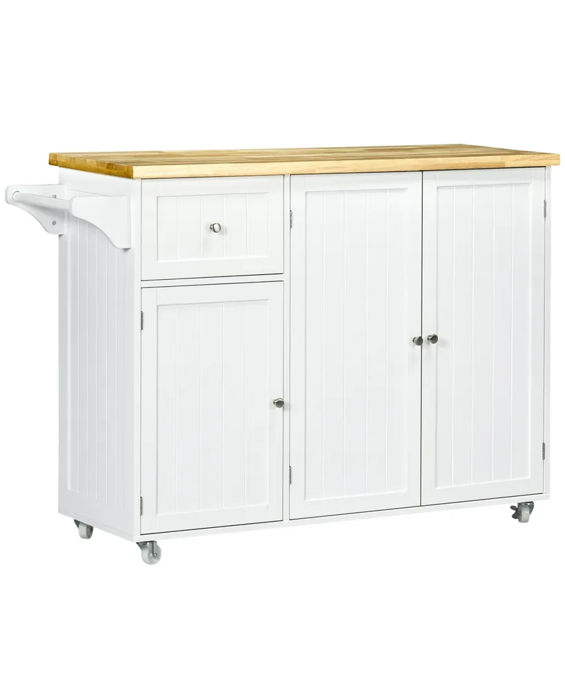 Homcom Rolling Kitchen Island on Wheels, Utility Serving Cart with Rubber Wood Top, Towel Rack, Storage Cabinets and Drawer, White