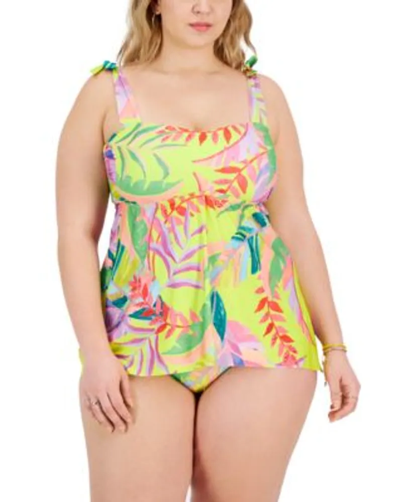 Plus Size Cute Tankini Set, Women's Plus Lemon & Striped Print Shirred Crop  Cami Top & Panty Swimsuit Two Piece Set