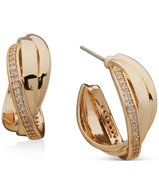 Anne Klein Gold-Tone Medium Pave Crossover C-Hoop Earrings, 1.2"