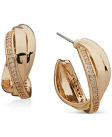 Anne Klein Gold-Tone Medium Pave Crossover C-Hoop Earrings, 1.2"