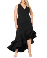 Betsy & Adam Plus Asymmetric Ruffled Gown