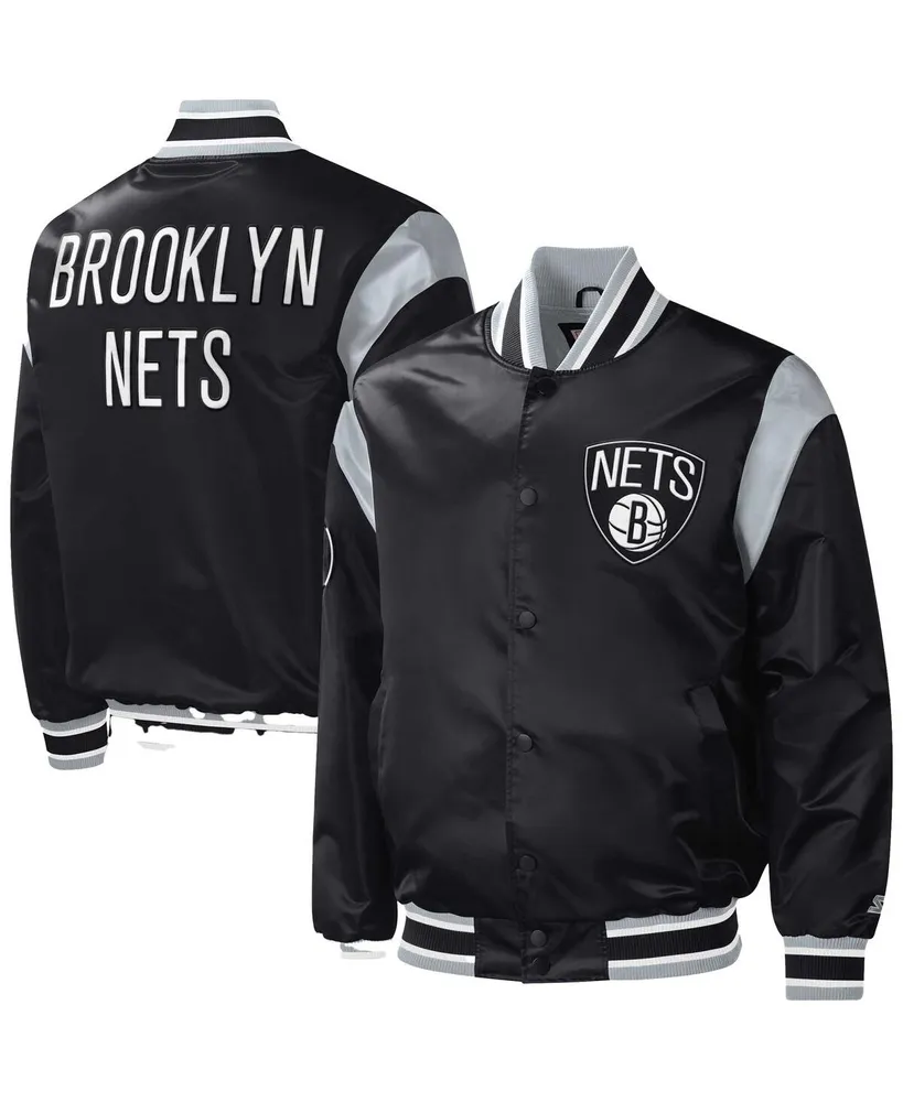 Men's Starter Black Brooklyn Nets Force Play Satin Full-Snap Varsity Jacket