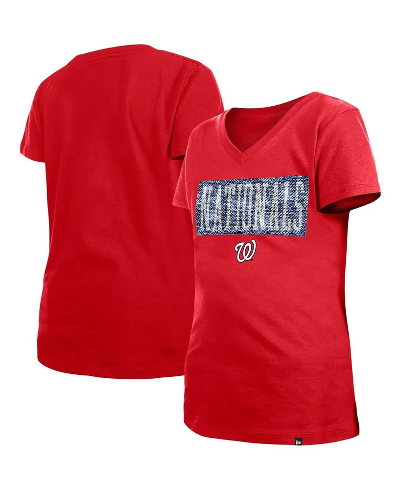 Big Girls New Era Red Washington Nationals Flip Sequin Team V-Neck T-shirt