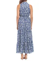 London Times Petite Floral Ruffled-Neck Maxi Dress