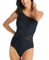 Beyond Control Women's Solid One-Shoulder One-Piece Swimsuit With Mesh Cut-Outs