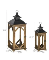 Homcom 2 Pack 31"/21" Large Rustic Lantern Decorative, Hanging Wooden Metal Indoor Covered Outdoor Lantern for Home Decor, Black and Dark Wood Color