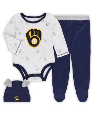 Newborn and Infant Boys Girls Navy, White Milwaukee Brewers Dream Team Bodysuit, Hat Footed Pants Set