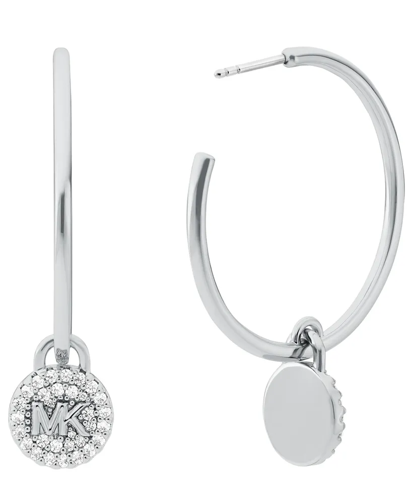 Michael Kors Platinum Plated Brass Cubic Zirconia Pave Charm Hoop Earrings