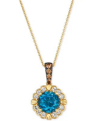 Le Vian Deep Sea Blue Topaz (2 ct. t.w.) & Diamond (3/8 ct. tw.) Halo Flower Adjustable 20" Pendant Necklace in 14k Gold