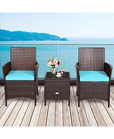 3PCS Patio Rattan Furniture Set Cushioned Sofa Glass Tabletop Deck