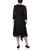 Ny Collection Petite 3/4 Sleeve Belted Chiffon Handkerchief Hem Dress