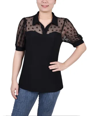 Ny Collection Petite Short Sleeve Dotted Mesh Top