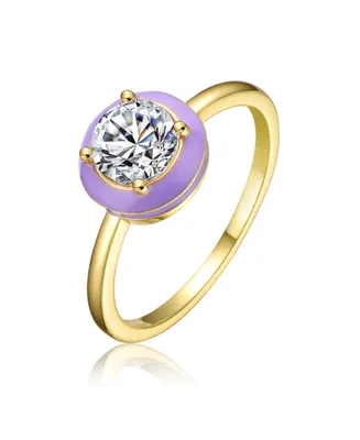 Rachel Glauber Ra Young Adults/Teens 14k Yellow Gold Plated with Cubic Zirconia Blue/Purple Enamel Bezel Stacking Ring