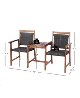2-Seat Patio Rattan Bench Acacia Wood Frame Table W/Umbrella Hole Deck