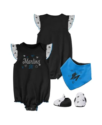 Girls Newborn and Infant Black Miami Marlins 3-Piece Home Plate Bodysuit Bib Booties Set
