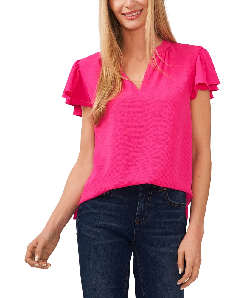 CeCe Women's Short Ruffled Sleeve Solid V-Neck Blouse