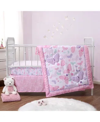 The Peanutshell Pink and Purple Butterfly Song Crib Bedding Set for Baby Girls, 3 Piece Nursery Set